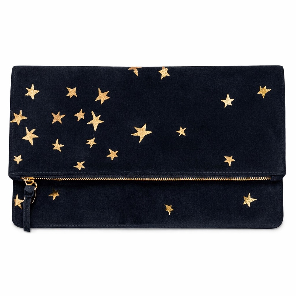 Clare V Foldover Clutch Black w/ Gold Stars | Leather